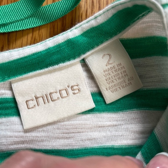 Chico’s Striped Embellished-Neckline Green White Top Size Large - Picture 3 of 7